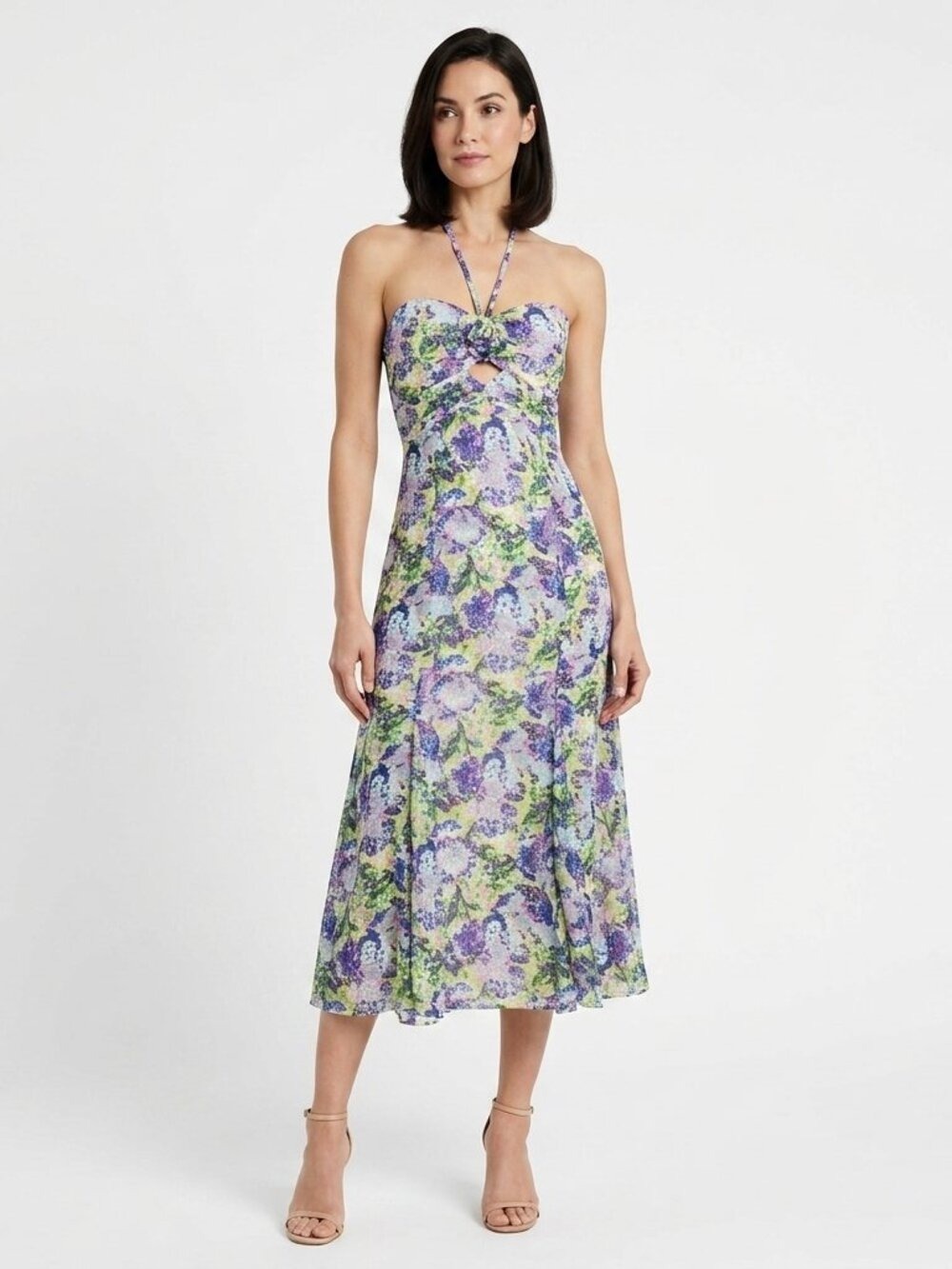 *Likely Printed Midi Dress Deep Lavender Blue Halter Shift Dress Size 8